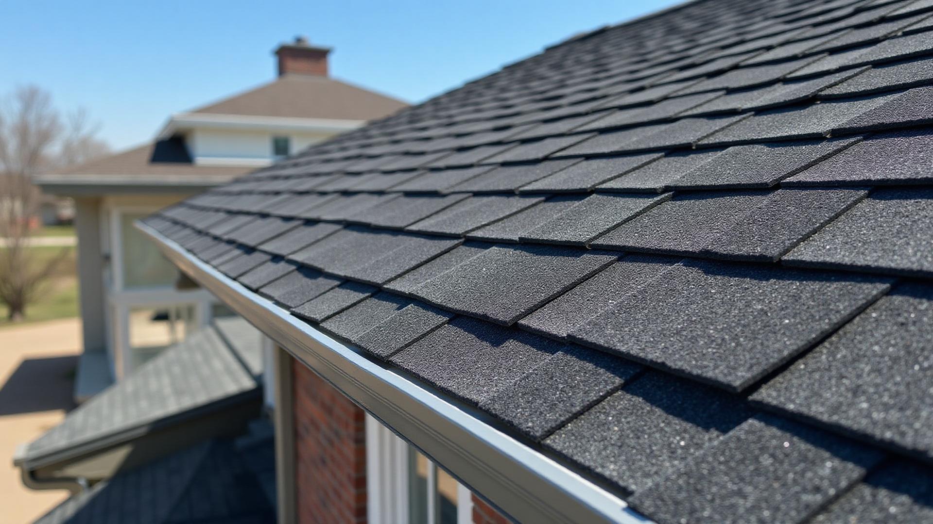 Close view of asphalt shingles showing the roof surface and granules