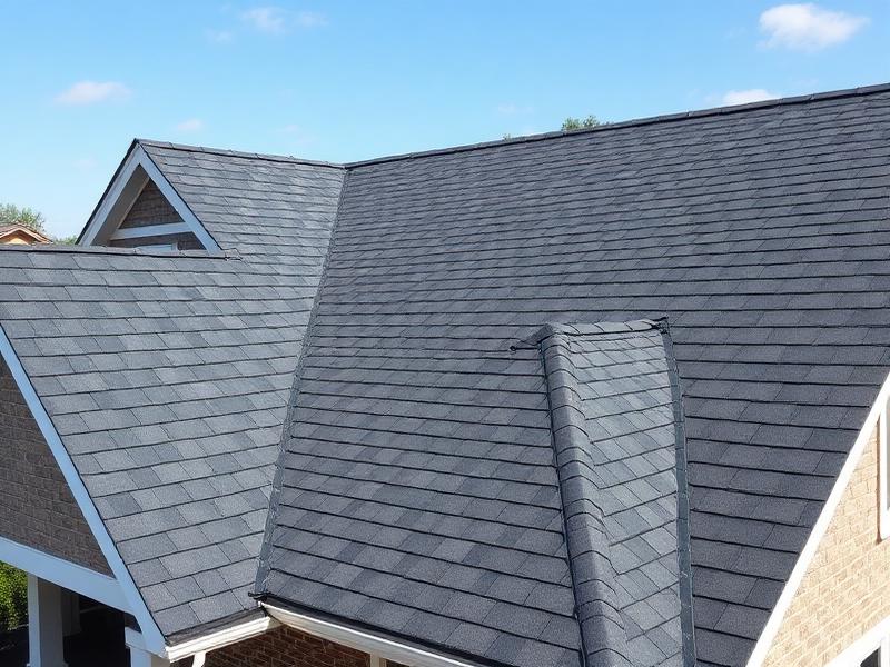 Finished asphalt shingle roof with multiple roof planes